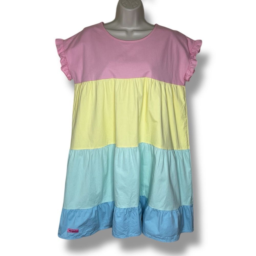 Simply Southern Colorblock Tiered Dress Ruffle Sleeve Pink Yellow Blue Women Med